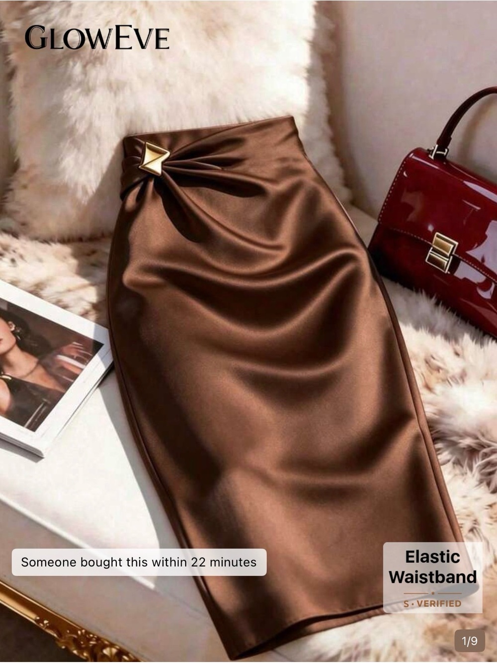 SHEIN Chocolate Brown Satin Midi Pencil Skirt with Gold Accent